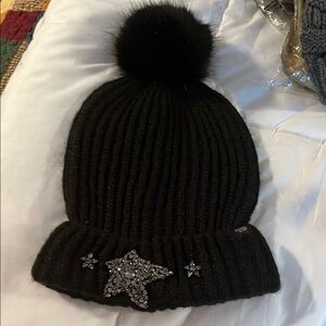 Victoria's Secret Black Knit Hat with Pom-Pom